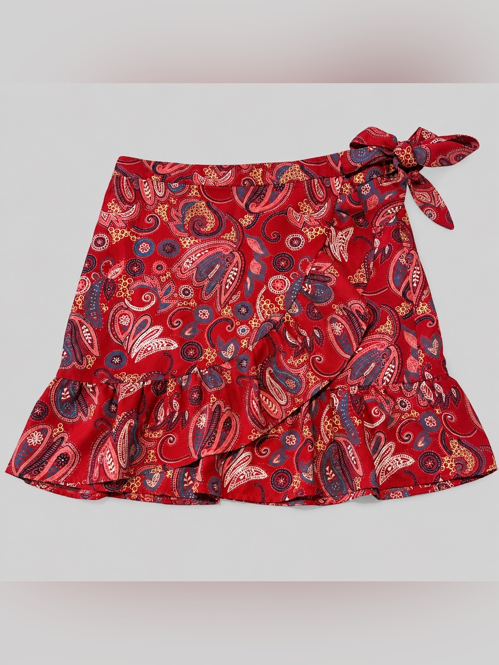 LOFT Women’s Size 4 Red Paisley Wrap Mini Skirt Ruffle Hem Side Tie
